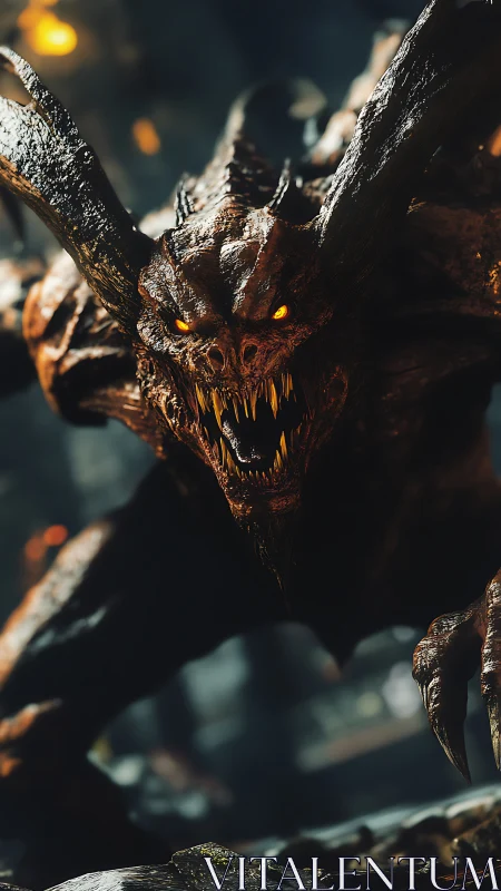 Horned hell demon roaring in fiery cinematic close-up.