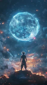 Lone anime warrior under colossal glowing cosmic sphere.