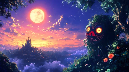 Moonlit sky castle and watching forest mask at dusk.