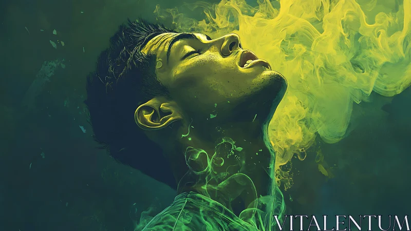 Man in profile engulfed in swirling neon green smoke.