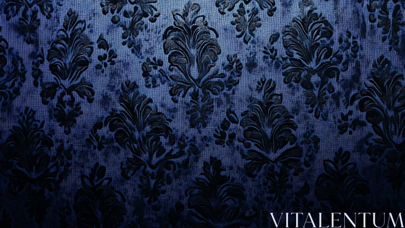 Dark blue damask textile shows repetitive ornamental pattern