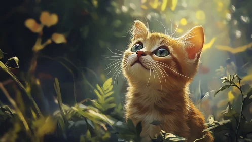 Golden-Eyed Dreamer: An Orange Kitten's Woodland Wonder.