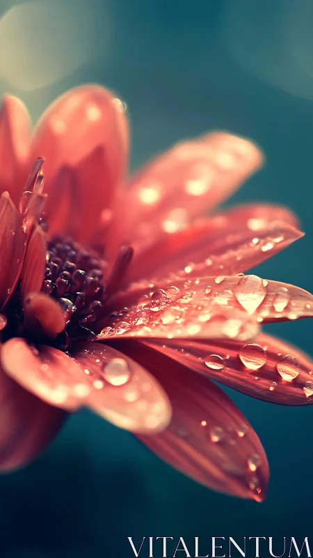 Crimson Petals Adorned with Liquid Jewels Against Teal.