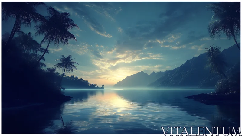 Tropical Lagoon Vista with Bioluminescent Water and Mountain Backdrop.