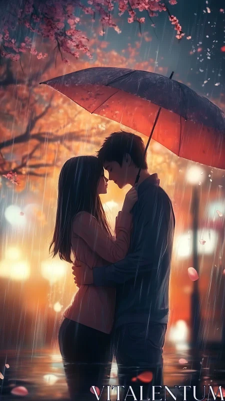 Two souls dance beneath scarlet umbrellas while cherry blossoms waltz downward