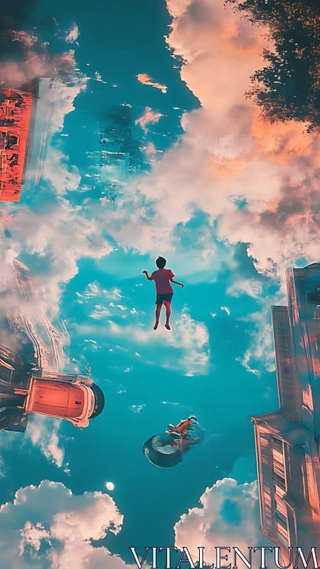 Surreal city sky pool with floating child and drifting cars.