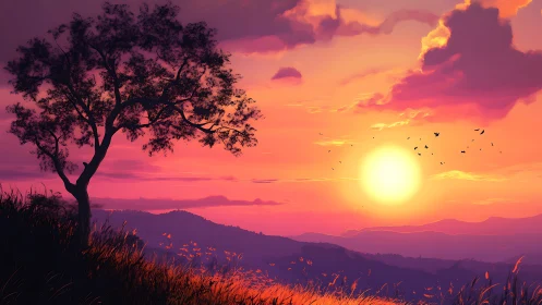 Backlit hillside tree silhouettes against high-saturation sunset sky