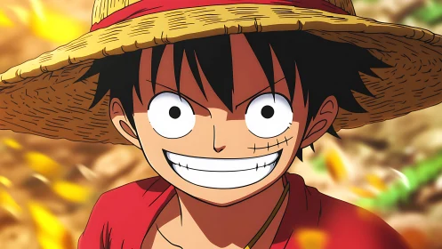 Straw hat cartoon character with wide grin in close-up view.