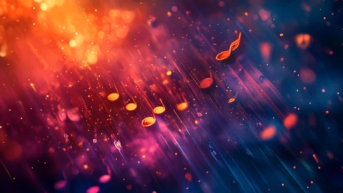 Glowing musical notes in vibrant abstract motion field.