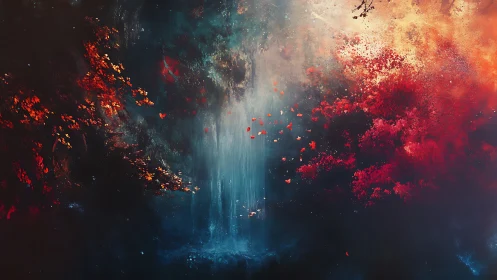Mystic waterfall drifting through glowing cosmic colors.