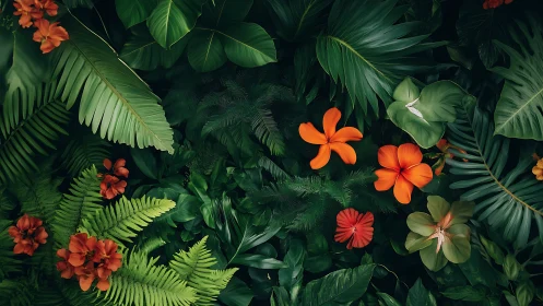 Dense tropical foliage with orange hibiscus blooms overhead.
