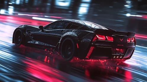 Black sports car on neon street with motion blur effect.