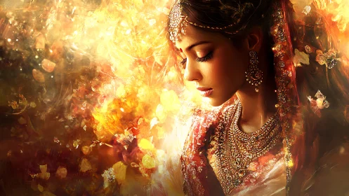 Ember-veiled bride in molten gold, drifting through quiet fire.