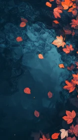 Autumnal maple leaves on rippled teal water surface study.