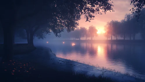 Twilight riverside park with volumetric fog and specular reflections