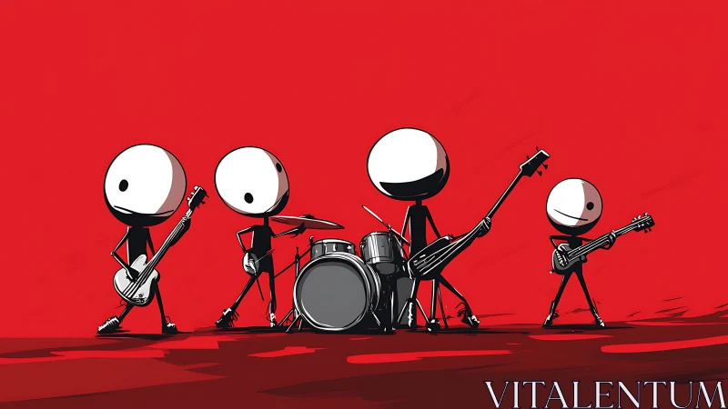 Stick-figure rock band stands with instruments on red stage