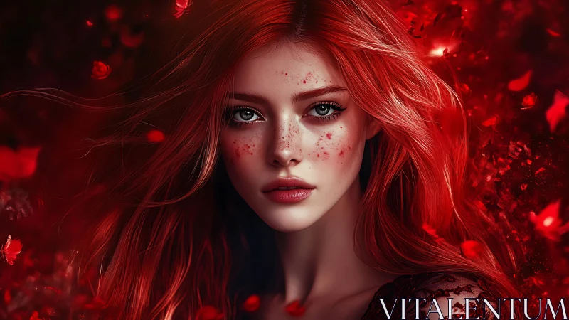 Fiery haired young woman gazes calmly through red petals