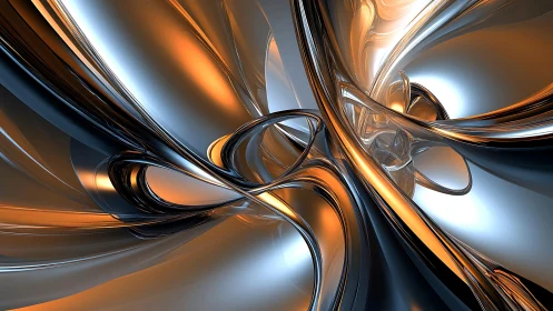 Dynamic Metallic Abstract Art with Orange and Silver Reflections.