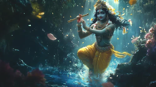 Divine flute player walks through glowing mystical forest stream