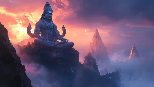 Giant blue deity statue over misty mountains at sunset.