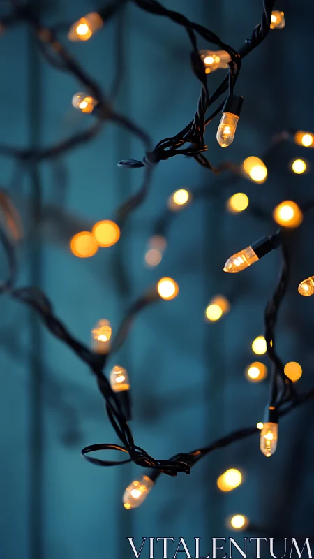 Tangled amber fairy lights humming over deep blue hush.