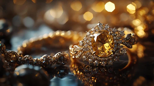 Close-up of ornate gold diamond ring on reflective surface
