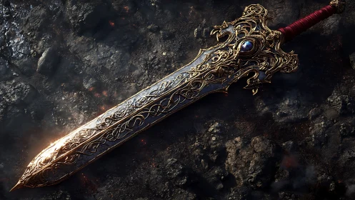 Gilded rune sword on scorched stone with jeweled hilt detail.