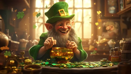 Leprechaun gold-hoard tableau under warm volumetric tavern light.