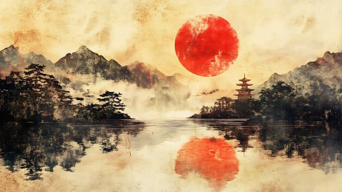 Red sun over misty lake with distant Japanese pagoda.