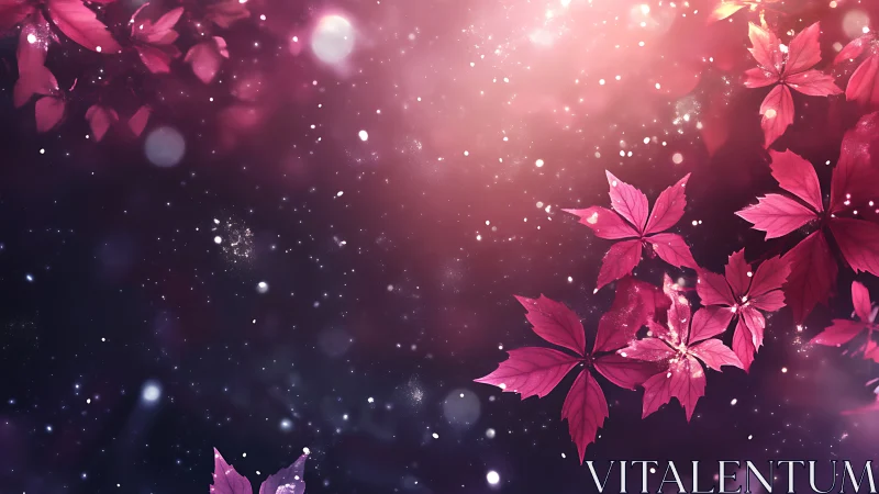 Luminous magenta leaves drift across a cosmic bokeh field