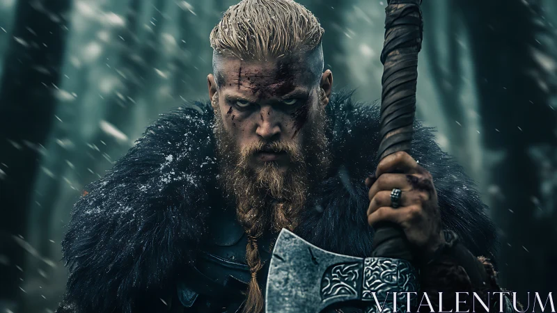 Storm-eyed Viking warrior pausing in a whispering winter forest.