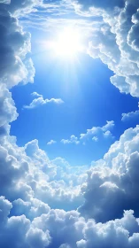 Radiant sunburst through towering cumulus cloud corridor.