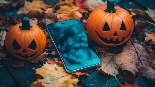 Jack-o'-Lanterns With Mobile Device Among Autumn Foliage
