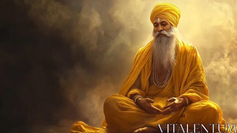 Serene guru in golden robes meditates amid glowing mist