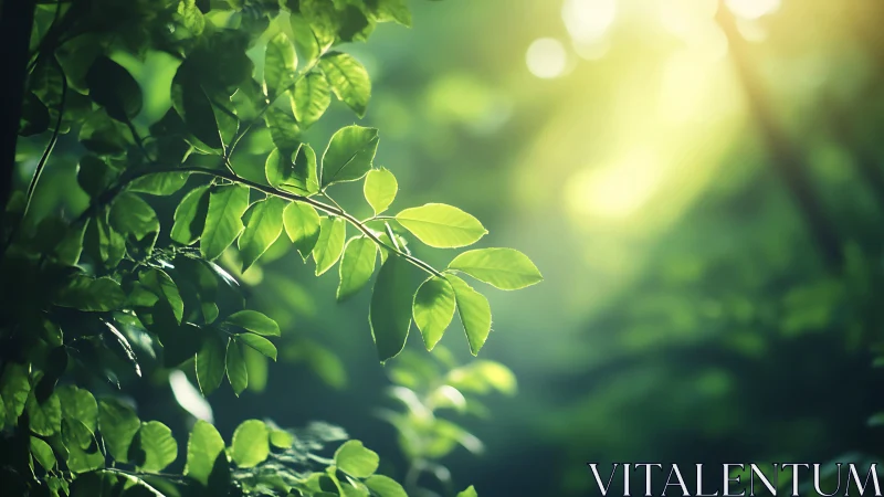 Sunlit green leaves in natural forest setting, soft focus style.