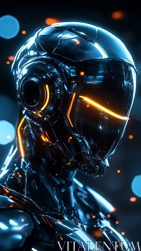 Chromed cybernetic exosuit portrait balances neon rim lighting