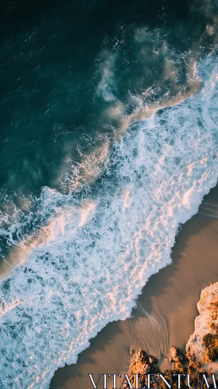 Golden shorelines and rolling teal waves meeting gently.