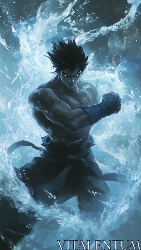 Martial figure amid dynamic water vortex in blue tones.