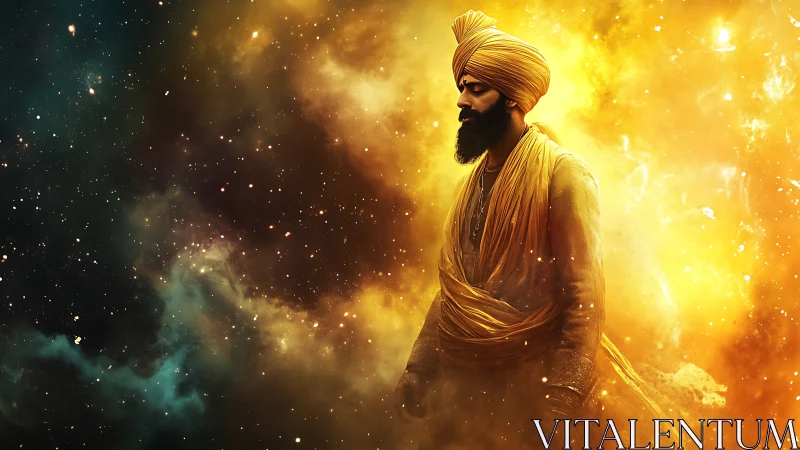 Figure in turban within luminous cosmic cloud field.