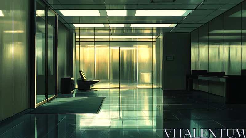 Modern glass-walled office lobby with reflective flooring.