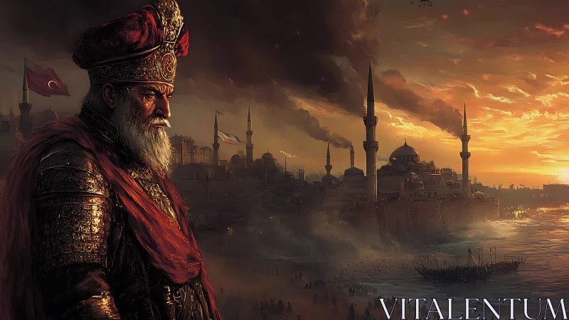 Ottoman commander overlooks burning golden-hued harbor