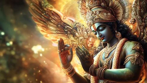 Digital rendering depicts ornate blue-skinned deity figure