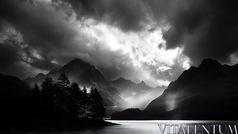 Stormlit mountain lake wrapped in gentle monochrome drama.