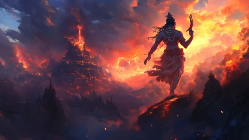 Fiery sky warrior strides above a burning volcanic realm