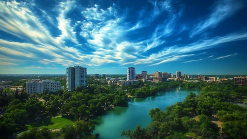 Photorealistic riverfront skyline under dynamic cirrus sky.