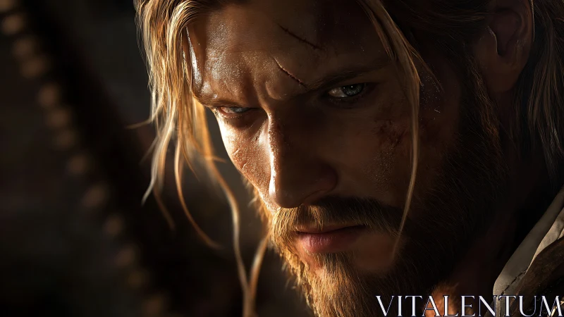 Battle-scarred wanderer resting in quiet golden light.