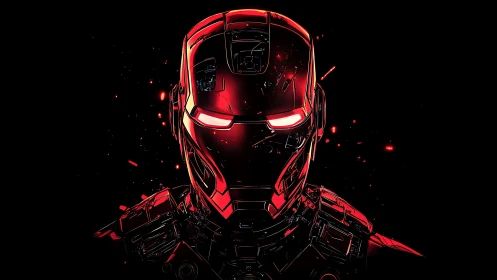 High-contrast red armored helmet rendered with neon edge lighting
