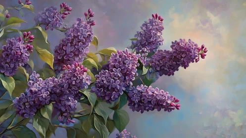 Chromatic lilac inflorescences on softly diffused bokeh sky.