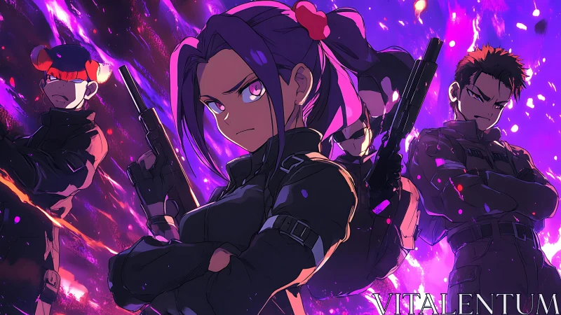 Neon firefight squad glows against a storm of cosmic sparks.