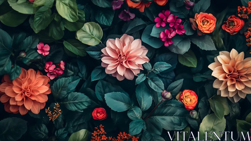 Garden in Full Bloom: Dahlias and Roses Overhead View.